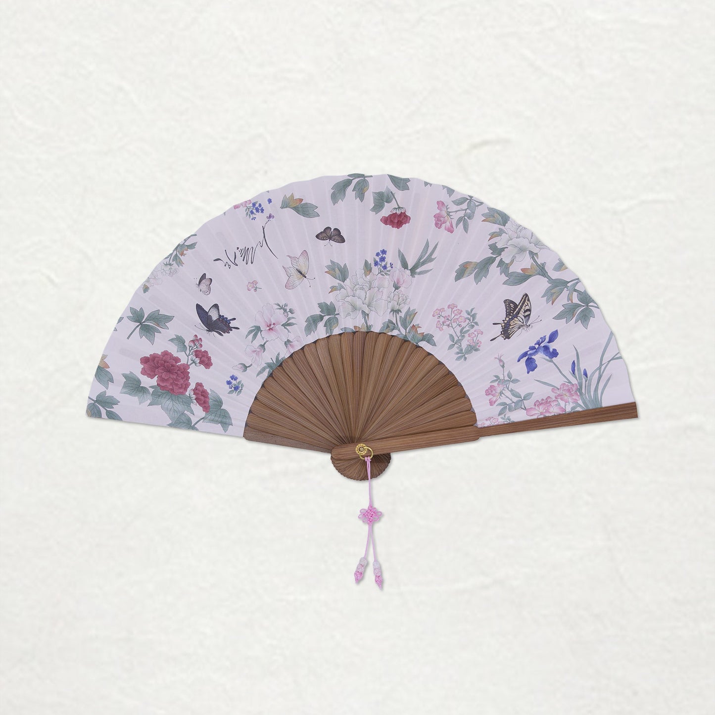 eventail papier traditionnel coréen, hanji, couleur rose pale, motif fleurs et paillons, inspiré de minhwa, art coréen, hwajeopdo