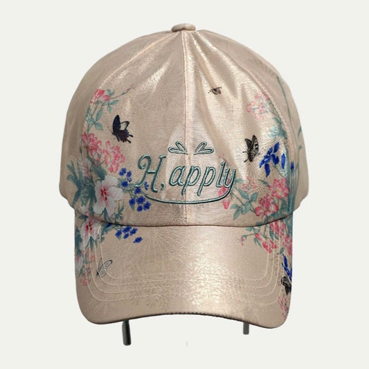 casquette rose, marqué nom de la marque Happly, fleur et papillon, art coréen, hwajeopdo, noeud traditionnel coréen