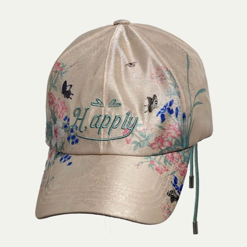 casquette rose, marqué nom de la marque Happly, fleur et papillon, art coréen, hwajeopdo, noeud traditionnel coréen, taille unique